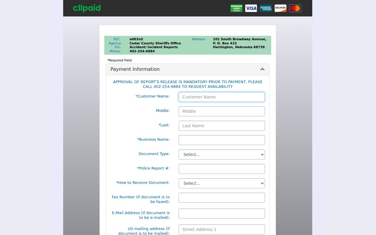 Cedar County arrest report AllPaid payment form fields