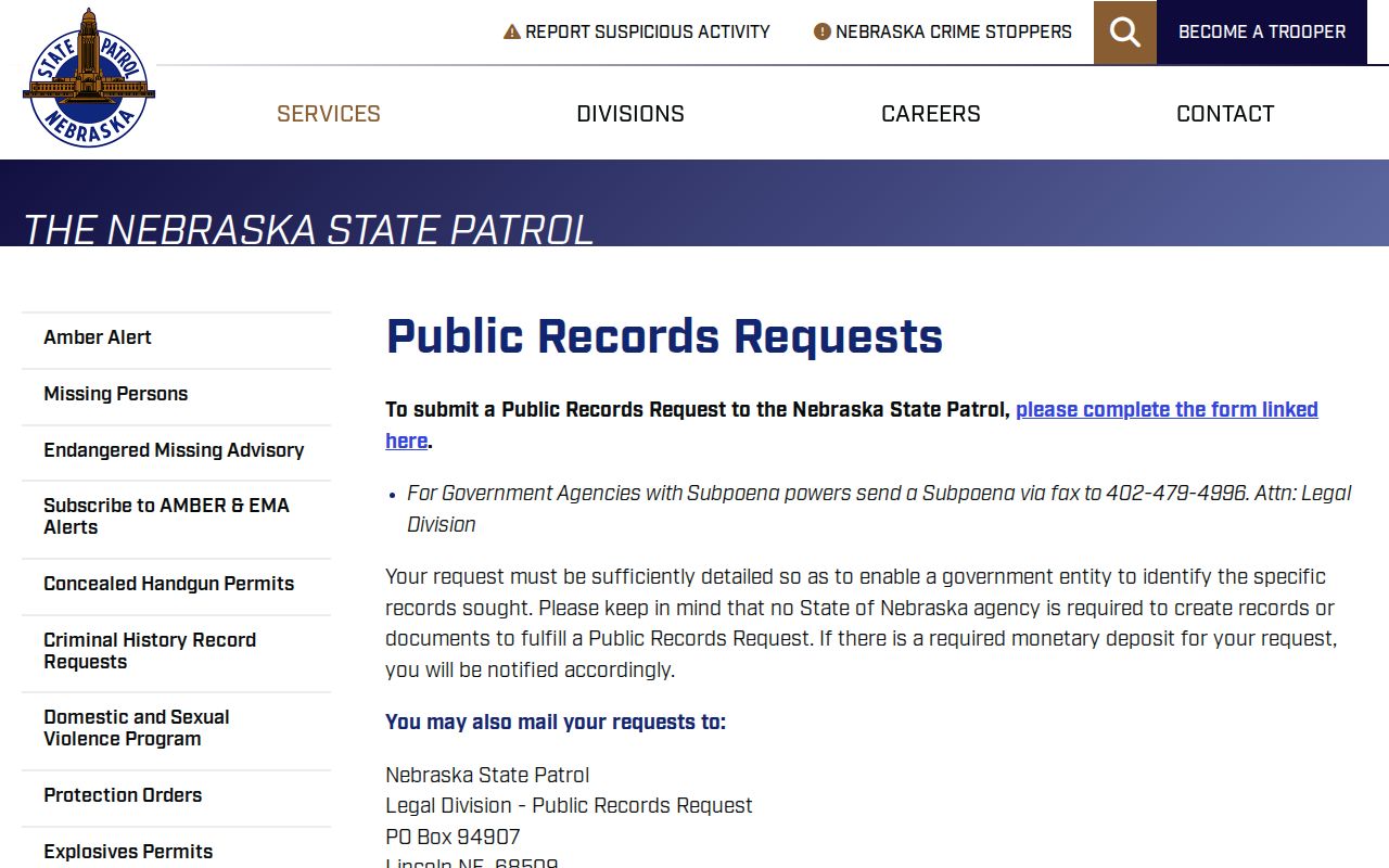 Cedar County arrest records Nebraska State Patrol public request process