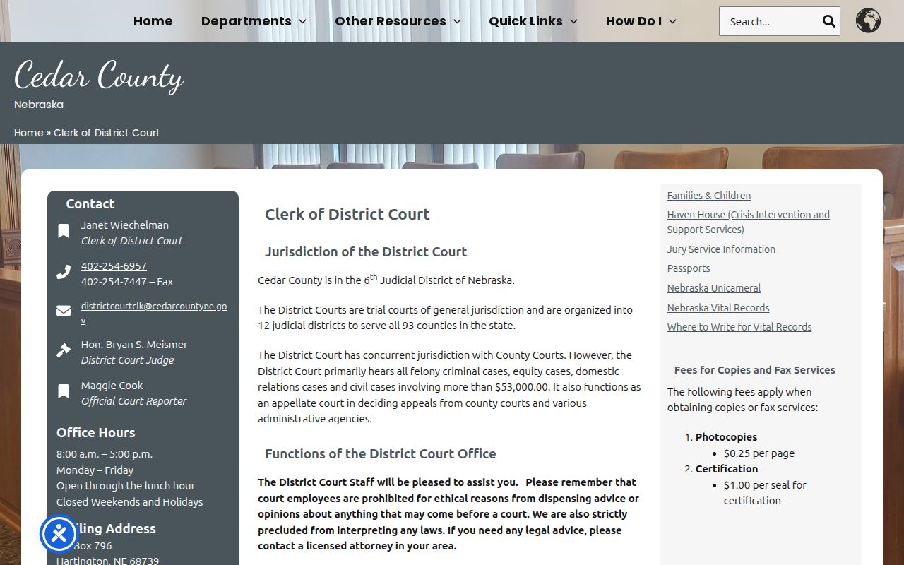 Cedar County criminal court case District Court Clerk information