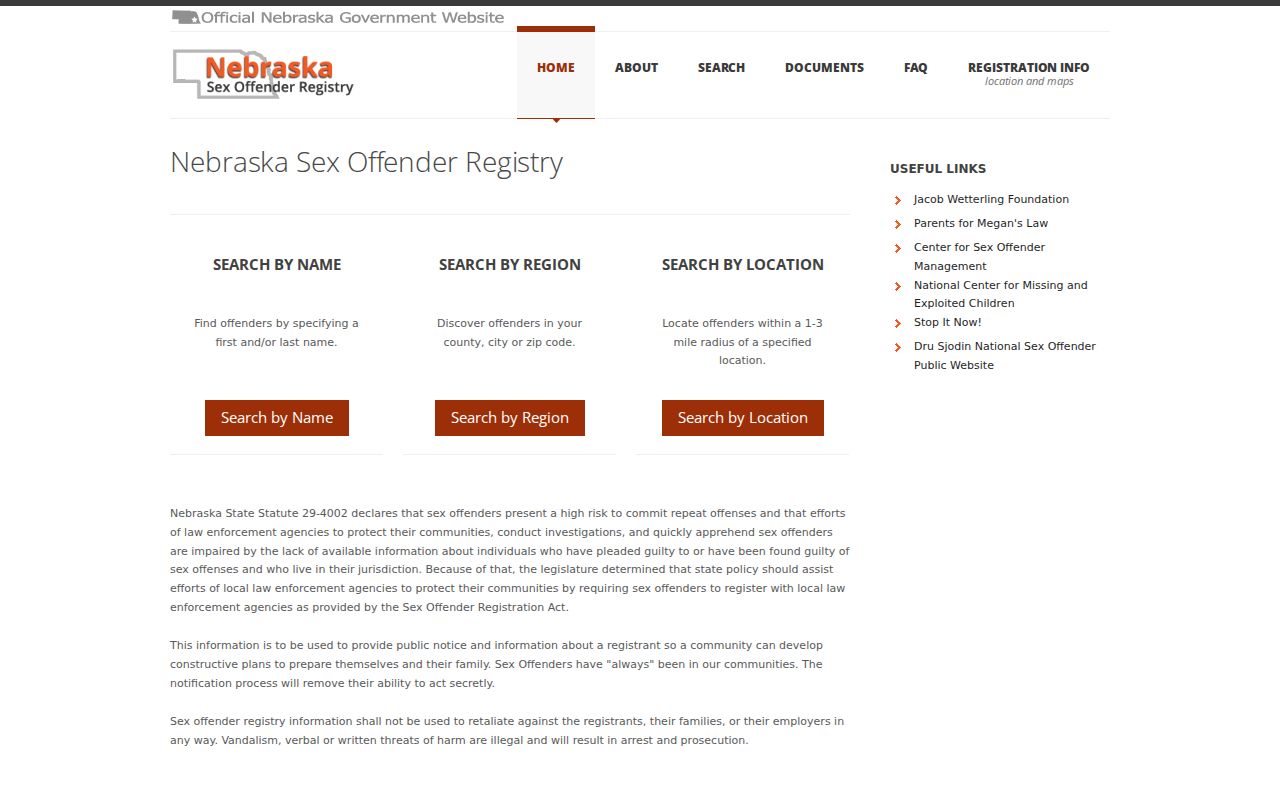 Cedar County sex offender lookup choices on the Nebraska registry