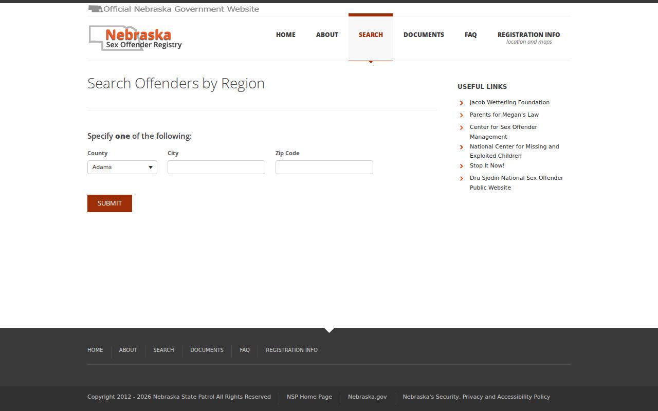 Cedar County sex offender region lookup interface